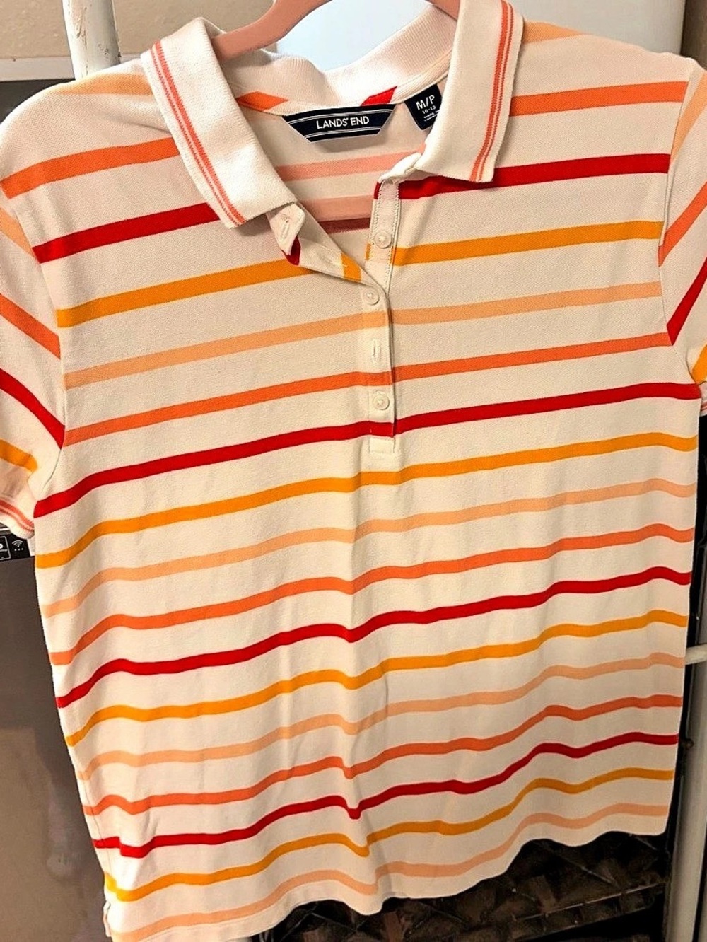 Lands End Striped Polo Shirt in White & Orange Size Medium Like New